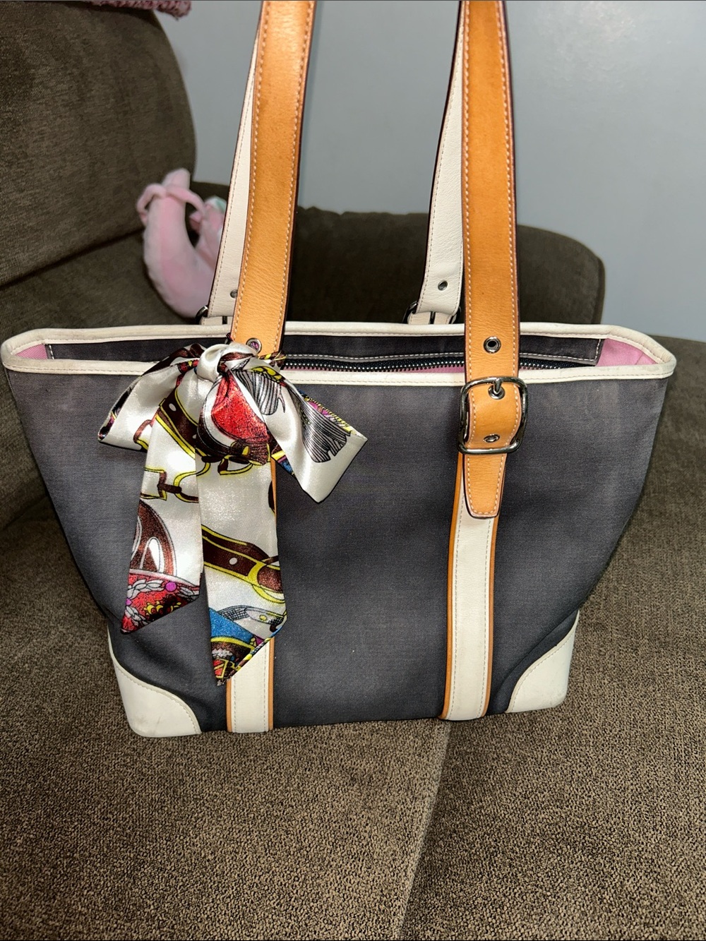 Coach vintage  Hampton canvas tote bag in dark gray with tan leather trim.